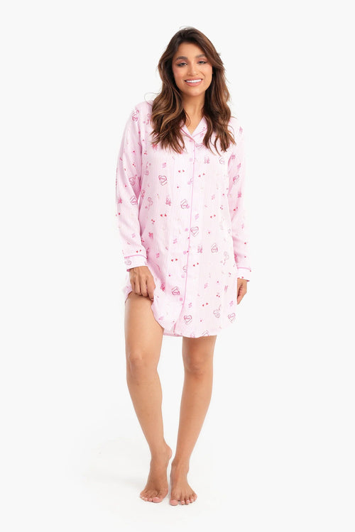 Long-sleeved striped print short-sleeved nightgown