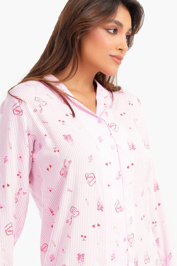Long-sleeved striped print short-sleeved nightgown