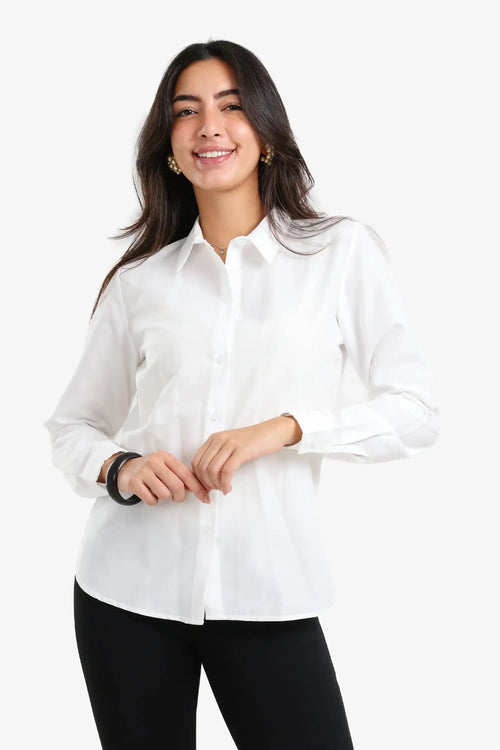 A shirt with a regular collar and cut