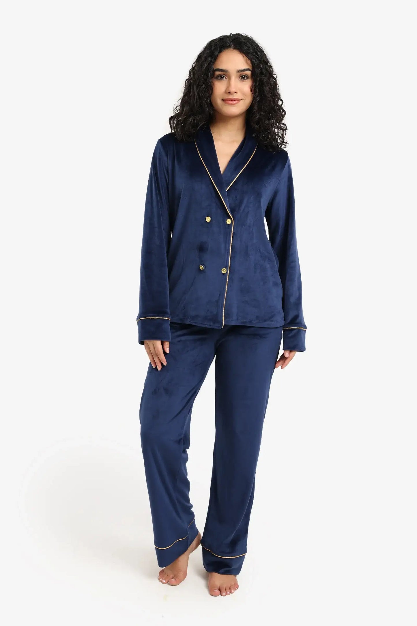 طقم بيجامة مخملية مزدوجة الصدر