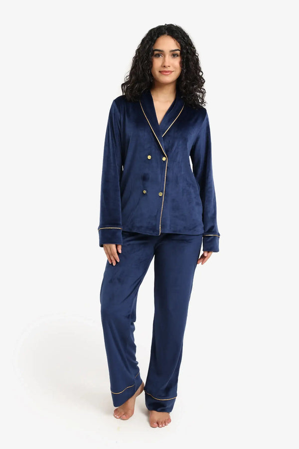 طقم بيجامة مخملية مزدوجة الصدر