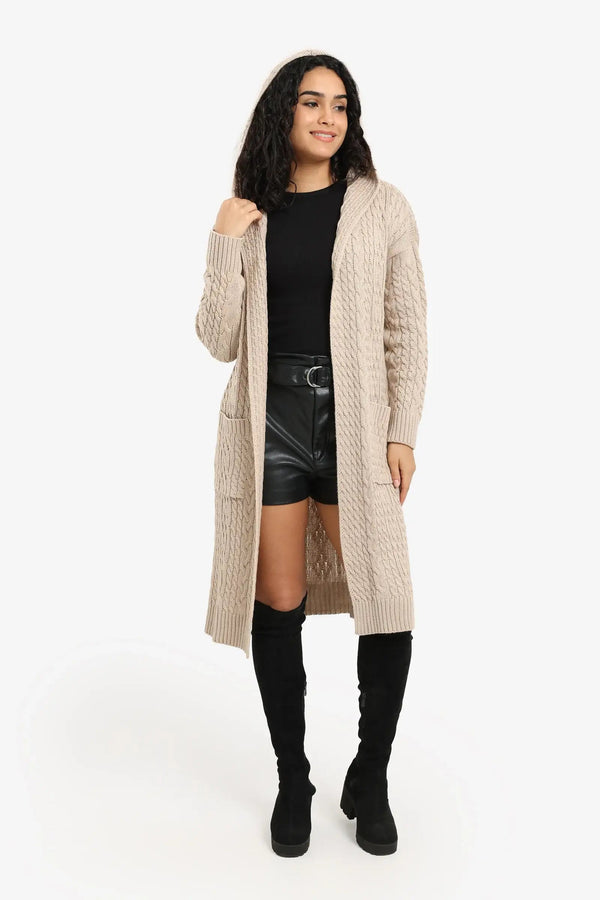 Mid-length cardigan with a hood