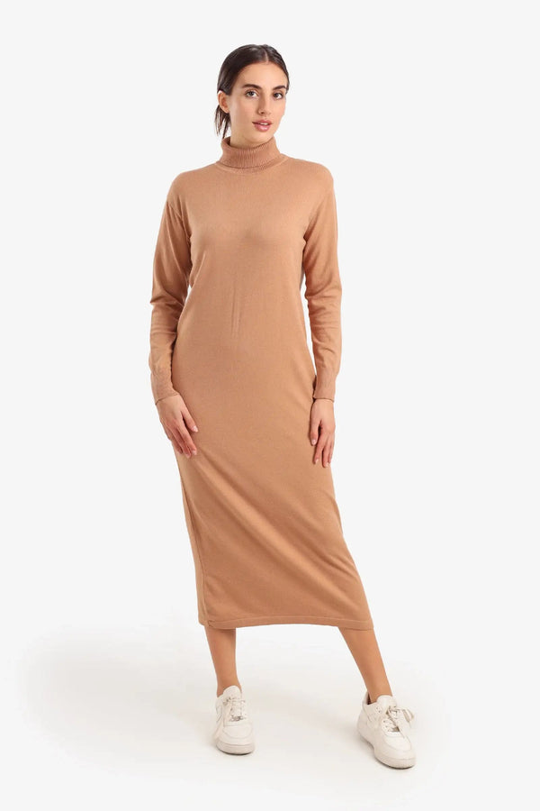 Midi knit dress with a high neck