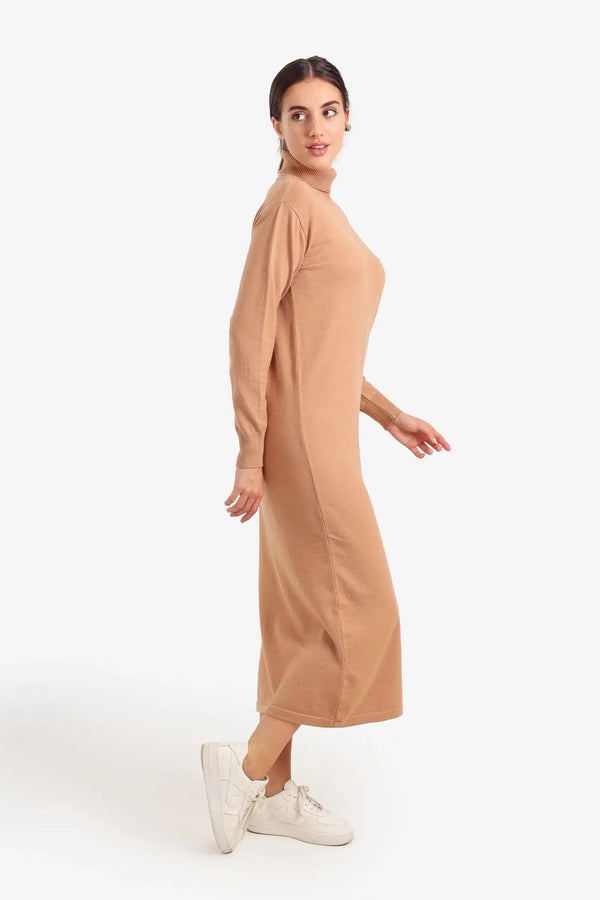 Midi knit dress with a high neck