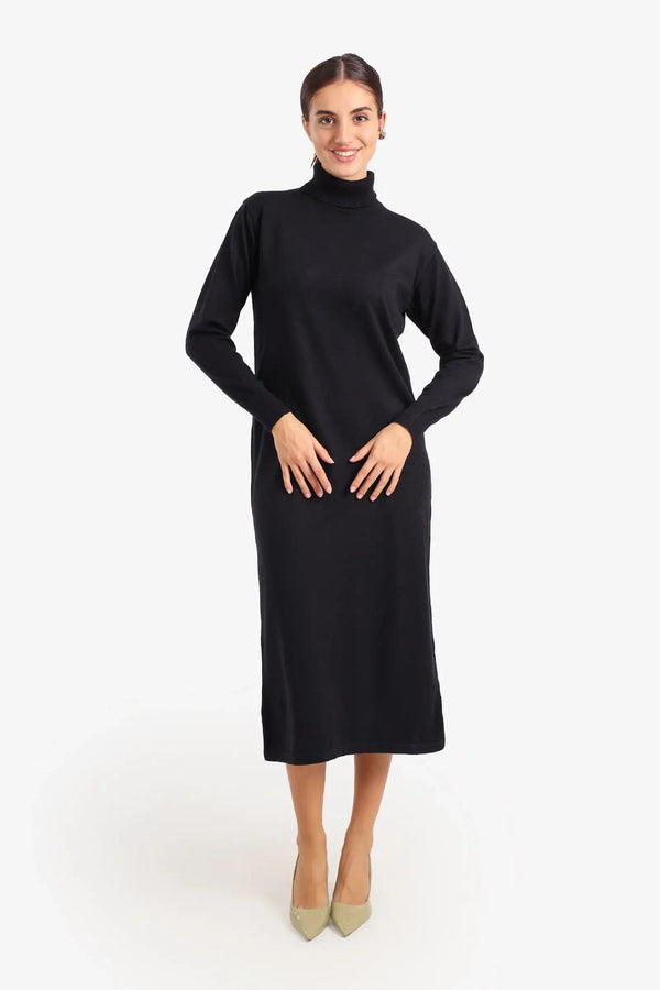 Midi knit dress with a high neck