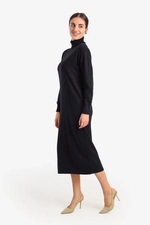 Midi knit dress with a high neck