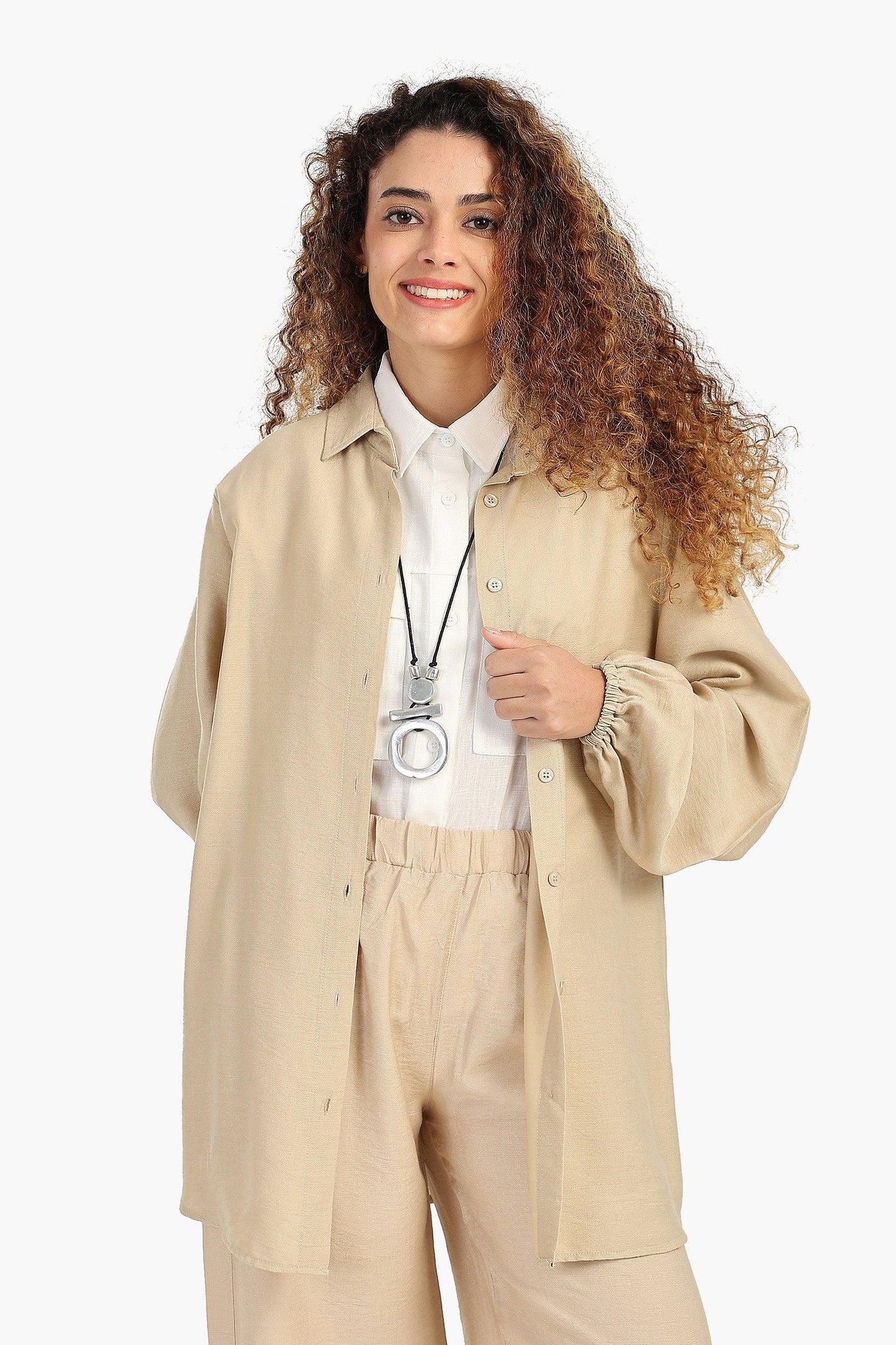 قميص كتان بأكمام طويلةو بسوار مطاطي - Carinasaudi.com