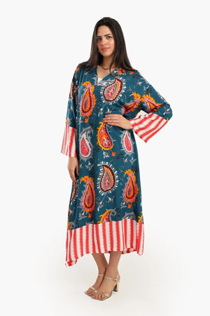 Colorful print viscose abaya with V-neck