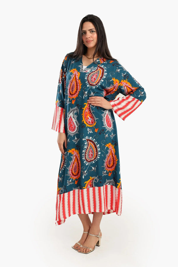 Colorful print viscose abaya with V-neck