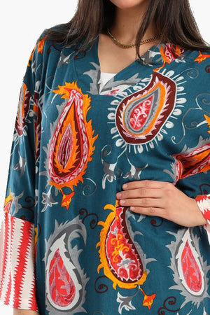 Colorful print viscose abaya with V-neck