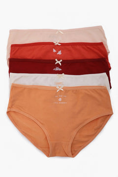 Set of five women's cotton panties in assorted earth tones with delicate bow and insect motifs