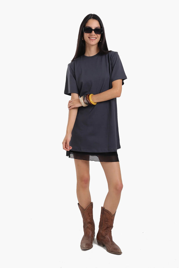 Short-sleeved cotton dress with mesh trim