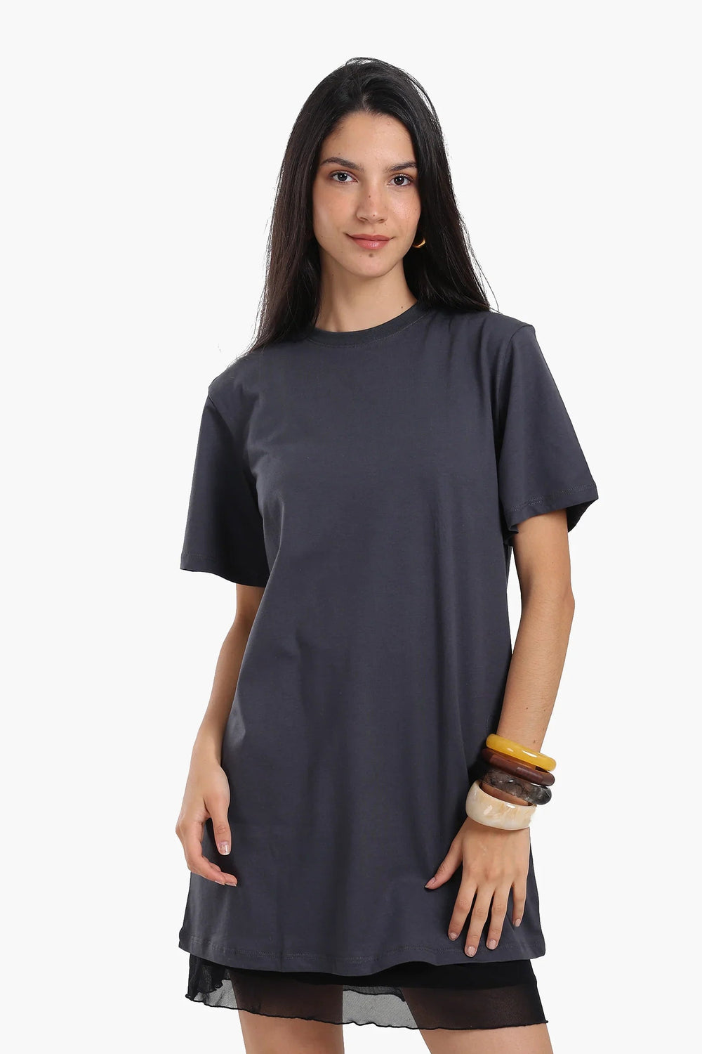 Short-sleeved cotton dress with mesh trim