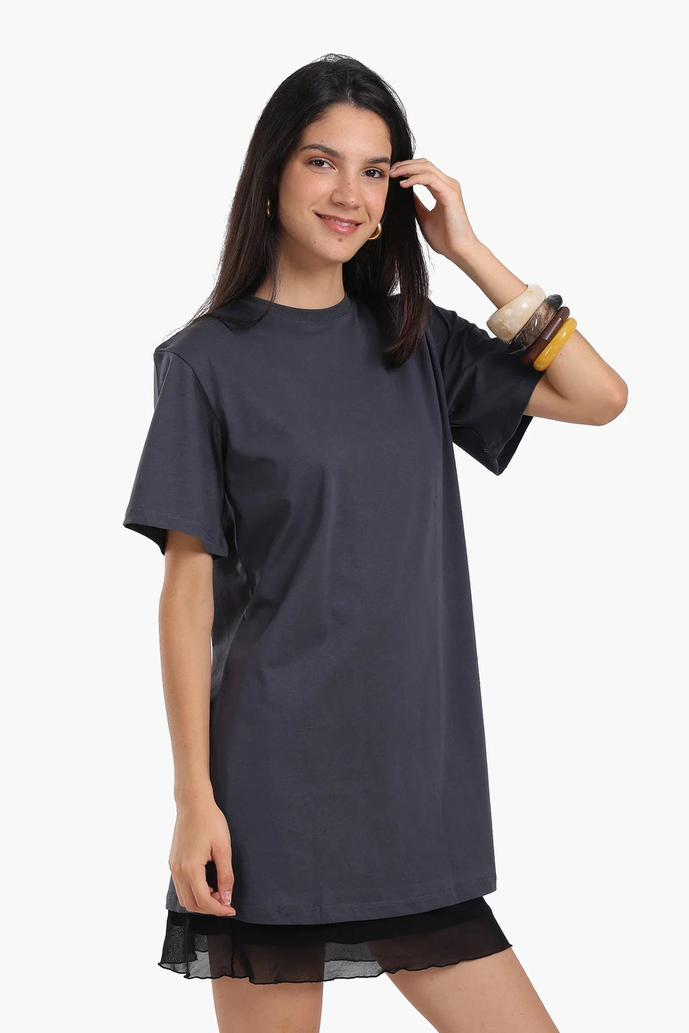 Short-sleeved cotton dress with mesh trim
