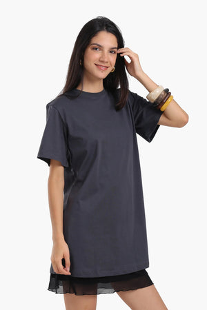 Short-sleeved cotton dress with mesh trim