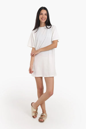 Short-sleeved cotton dress with mesh trim