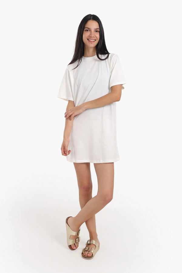 Short-sleeved cotton dress with mesh trim
