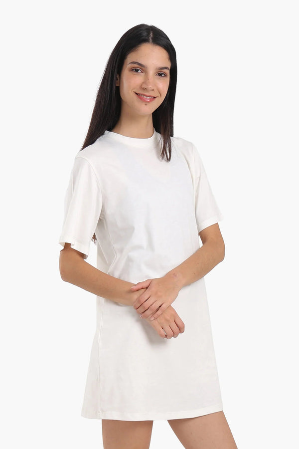 Short-sleeved cotton dress with mesh trim