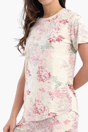 Short-sleeved satin pajamas with a floral print