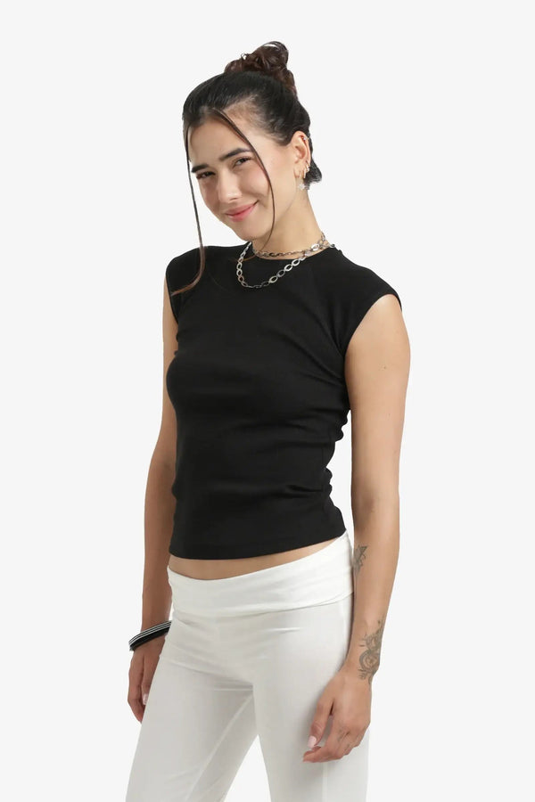 Ribbed cap-sleeve blouse