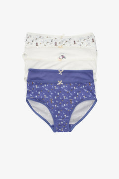 Set of four women's cotton panties with playful prints and small bow accents, displayed flat.