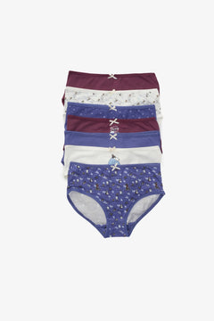 Set of six women's cotton briefs in purple, maroon, and white with cute prints and bows