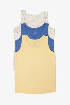 Set of three girls' cotton tank tops in yellow, blue, and star print, sleeveless design.