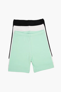 Set of three women's cotton shorts in mint, white, and black colors, laid flat on white background