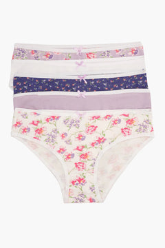 Set of floral and pastel cotton women's panties with bow details, soft comfortable underwear