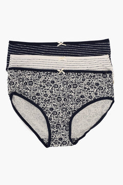 Set of three women's cotton briefs in navy stripes and floral patterns with bow detail