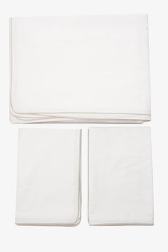 White cotton bed sheet set with two matching pillowcases, neatly folded, on a white background.