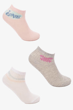 Three pairs of women's ankle socks in pastel colors with different patterns on white background.