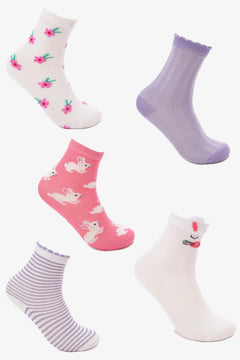 Set of five colorful women's ankle socks with floral, bunny, striped, and cat face patterns