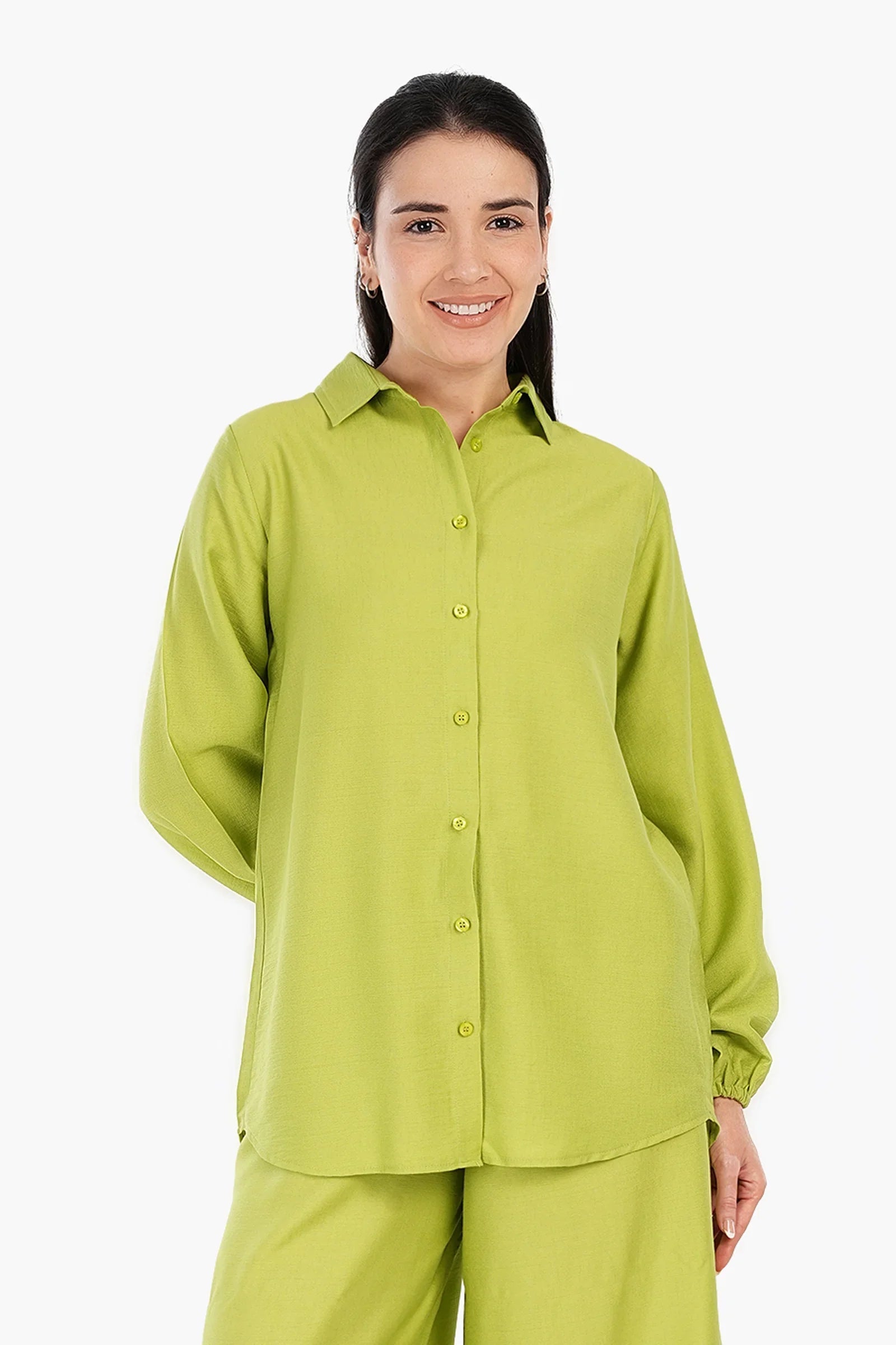 قميص كتان بأكمام طويلةو بسوار مطاطي - Carinasaudi.com