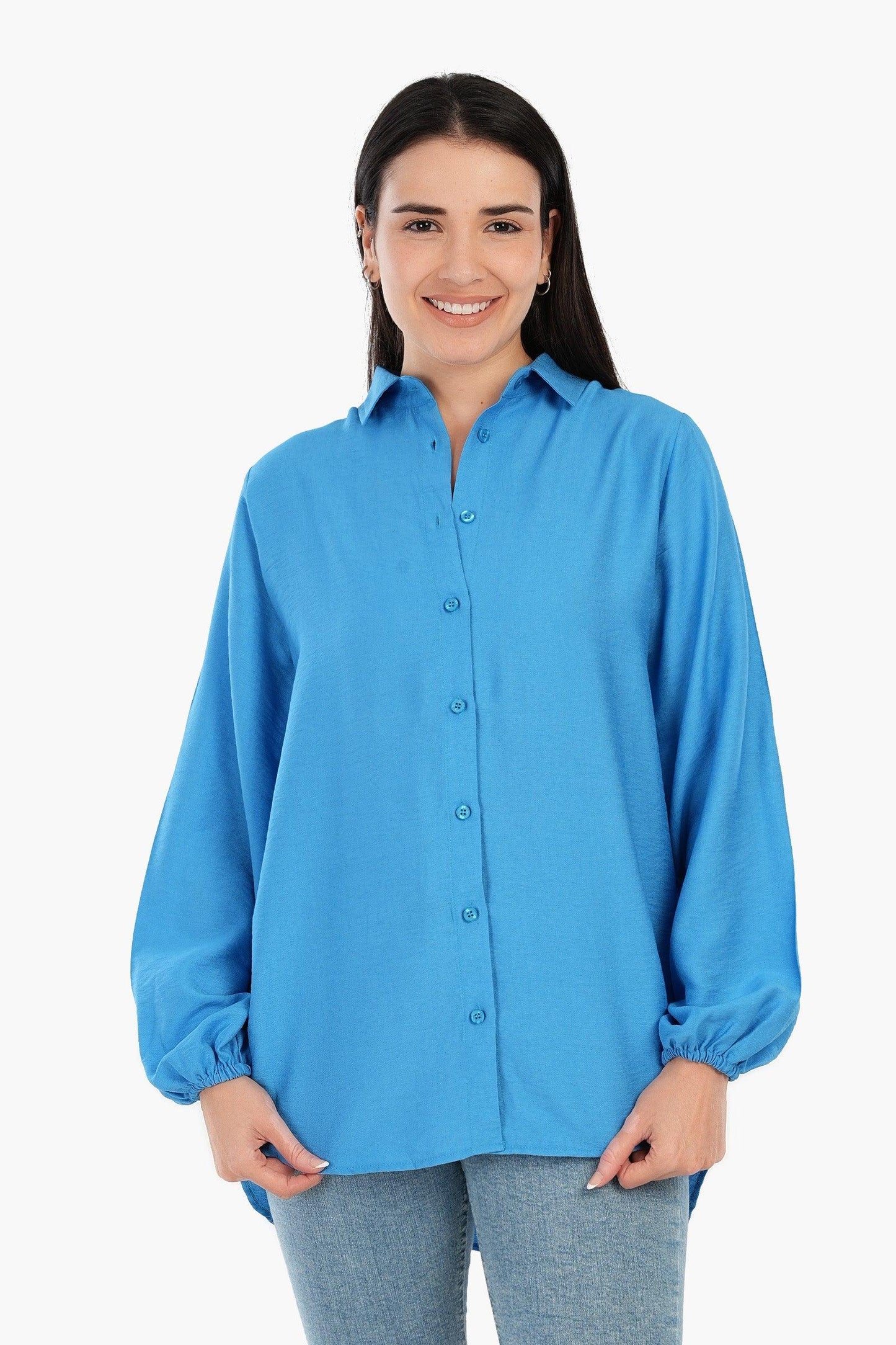 قميص كتان بأكمام طويلةو بسوار مطاطي - Carinasaudi.com