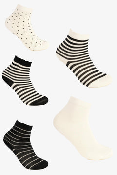 Women's cotton ankle socks set in black and white stripes, polka dots, and solid colors