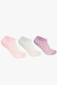 Set of three women's striped ankle socks in pink, white, and purple on white background