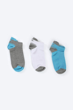 Three pairs of ankle socks in grey, white, and blue on a plain background.