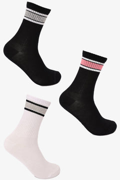 Set of three ribbed crew socks in black and white with striped cuffs, casual and sporty style.