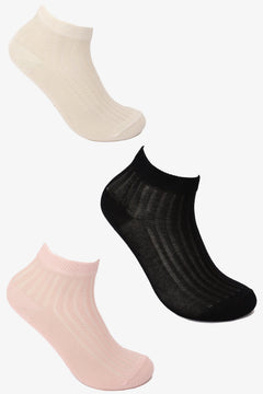 Set of three women's ankle socks in beige, black, and pink, ribbed cotton knit