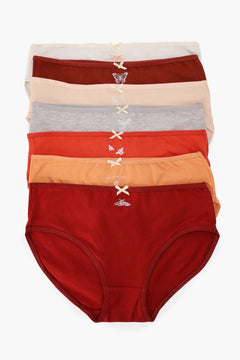 Stack of women's cotton underwear in assorted earth tones with small bow and insect embroidery