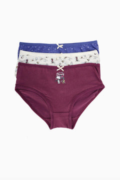 Set of three women's cotton panties in purple, cream print, and maroon with skiing graphic