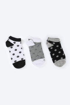 Set of three pairs of ankle socks in black, white, and grey with polka dot patterns