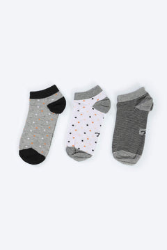 Three pairs of women's ankle socks in gray, white, and striped patterns with polka dots.