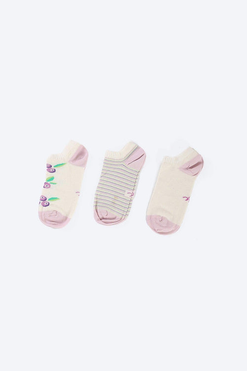 Three pairs of women's cotton ankle socks in pastel colors with floral, striped, and plain designs