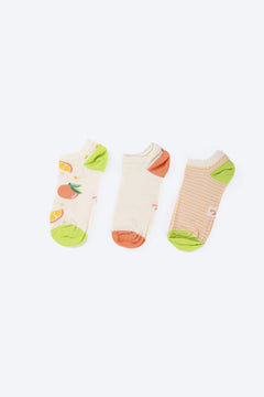 Three pairs of cotton ankle socks in cream with orange, green, and striped patterns