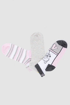 Set of three cotton ankle socks in pink, grey, and character print on a light background.