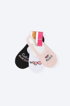 Set of three cotton invisible socks in black, white, and pink with playful designs and text.