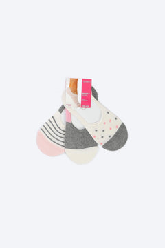 Set of three cotton invisible socks for women in grey, pink, and spotted patterns