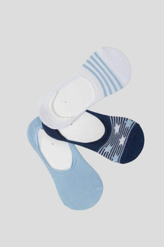 Set of three women's cotton invisible socks in light blue, navy with stars, and white with stripes.